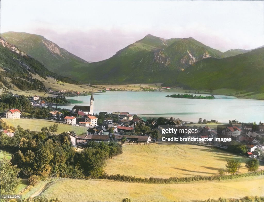 Schliersee (lake) with "Brecherspitze". Bavaria. Hand-colored lantern slide around 1900.