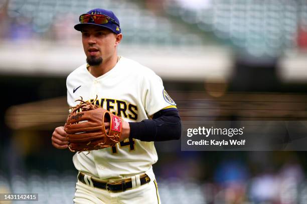 Jace Peterson of the Milwaukee Brewers runs off the field following the fourth inning against the Arizona Diamondbacks at American Family Field on...