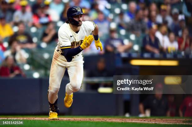 Garrett Mitchell of the Milwaukee Brewers runs to first base during the fifth inning against the Arizona Diamondbacks at American Family Field on...