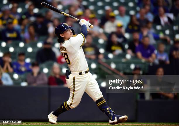 Keston Hiura of the Milwaukee Brewers at bat during the ninth inning against the Arizona Diamondbacks at American Family Field on October 05, 2022 in...