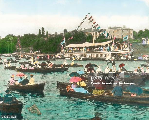 Kingston Regatta on the River Thames. Kingston upon Thames. England. Great Britain. Handcolored lantern slide around 1900.