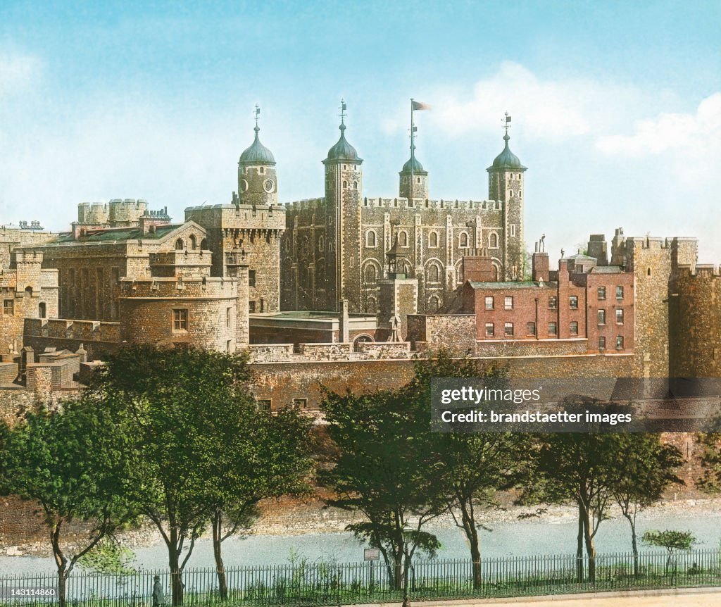 View to the Tower of London from the Tower Hill. England. United Kingdom. Hand-colored lantern slide around 1900.