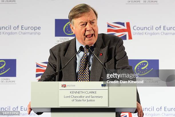 Justice Secretary Kenneth Clarke conducts a press conference after the first day of the Ministerial Conference on the Future of the European Court of...