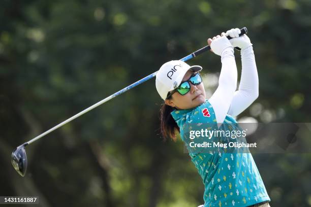 Ayako Uehara of Japan plays her shot on the seventh tee during the first round of the LPGA MEDIHEAL Championship at The Saticoy Club on October 06,...