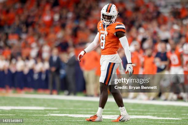 Garrett Williams of the Syracuse Orange reacts during the first quarter against the Wagner Seahawks at JMA Wireless Dome on October 01, 2022 in...