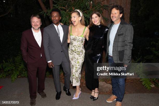 Rian Johnson, Leslie Odom Jr., Kate Hudson, Kathryn Hahn and Ram Bergman arrive at the premiere of "Glass Onion: A Knives Out Mystery" at The Outdoor...