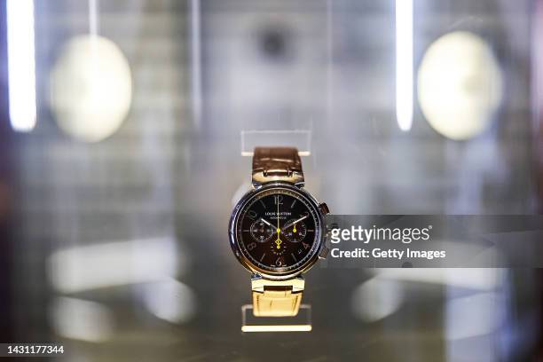 A Louis Vuitton wrist watch of Tambour is displayed at an exhibition  News Photo - Getty Images