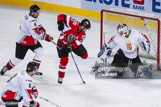 Austria's Daniel Welser tries to score past Hungary's Bence Balizs as he vies with Hungary's Andras Horvath during the 2012 IIHF Ice Hockey World...