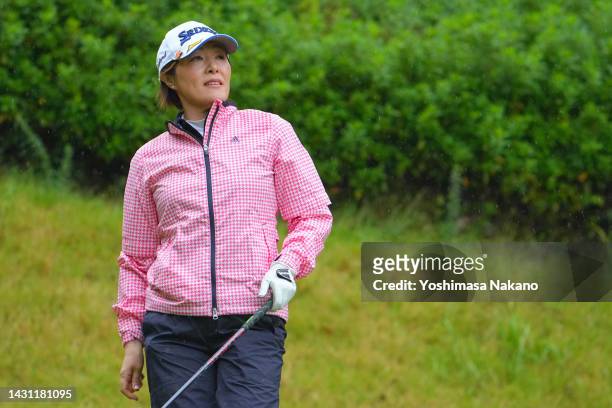 Yasuko Otake of Japan reacts after her tee shot on the 2nd hole during the second round of the JLPGA Legends Championship Chofu Cup at Shimonoseki...