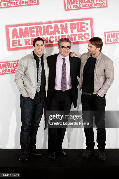 Actors Jason Biggs, Eugene Levy and Seann William Scott attend 'American Pie: Reunion' photocall at Villamagna Hotel on April 19, 2012 in Madrid,...