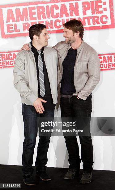 Actors Jason Biggs and Seann William Scott attend 'American Pie: Reunion' photocall at Villamagna Hotel on April 19, 2012 in Madrid, Spain.