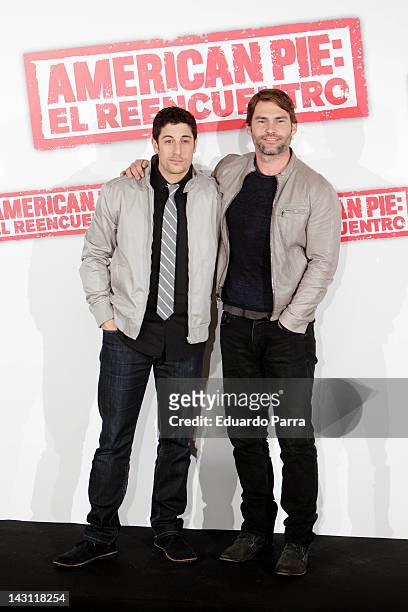 Actors Jason Biggs and Seann William Scott attend 'American Pie: Reunion' photocall at Villamagna Hotel on April 19, 2012 in Madrid, Spain.
