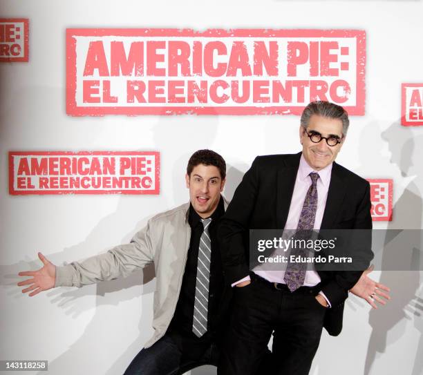 Actor Jason Biggs and actor Eugene Levy attend 'American Pie: Reunion' photocall at Villamagna Hotel on April 19, 2012 in Madrid, Spain.