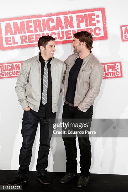 Actors Jason Biggs and Seann William Scott attend 'American Pie: Reunion' photocall at Villamagna Hotel on April 19, 2012 in Madrid, Spain.