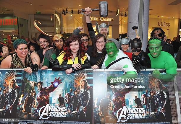 Fans enjoy the atmosphere ahead of the European Premiere of Marvel Studios' "Marvel's Avengers Assemble" held at the Vue Westfield on April 19, 2012...
