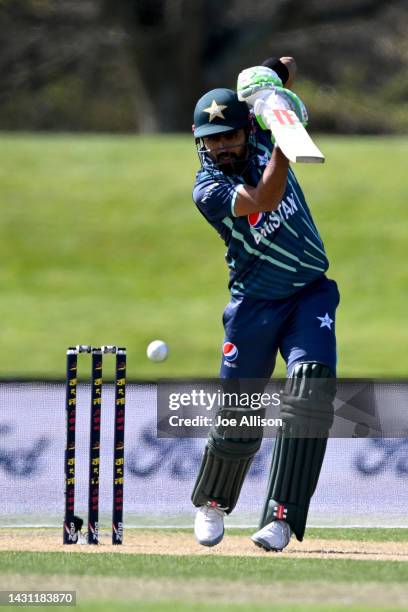 Babar Azam of Pakistan bats during game one of the T20 International series between Bangladesh and Pakistan at Hagley Oval on October 07, 2022 in...