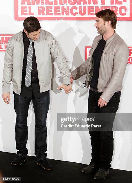 Actors Jason Biggs and Seann William Scott attend 'American Pie: Reunion' photocall at Villamagna Hotel on April 19, 2012 in Madrid, Spain.