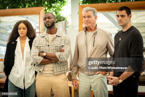 Quintessa Swindell, Aldis Hodge, Pierce Brosnan, and Noah Centineo attend the Warner Bros. "Black Adam" photo call at SLS Hotel, a Luxury Collection...