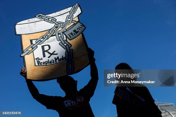 Activists protest the price of prescription drug costs in front of the U.S. Department of Health and Human Services building on October 06, 2022 in...