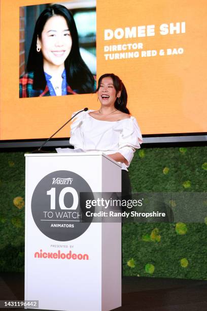 Domee Shi accepts the Creative Impact in Animation Award during Variety's 10 Animators to Watch presented by Nickelodeon at Nickelodeon Animation...