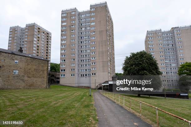 High rise tower blocks in the Boothtown area on 6th June 2023 in Halifax, United Kingdom. Boothtown is a suburb within Town Ward of Halifax, very...