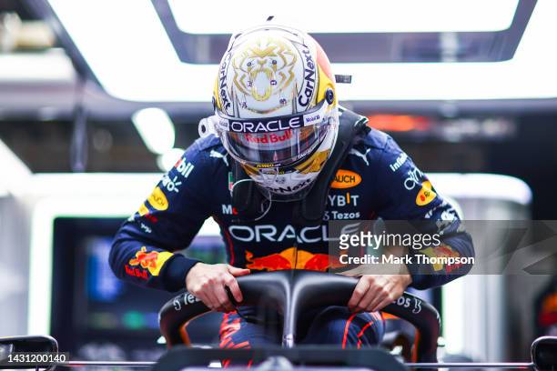 Max Verstappen of the Netherlands and Oracle Red Bull Racing prepares to drive in the garage during practice ahead of the F1 Grand Prix of Japan at...