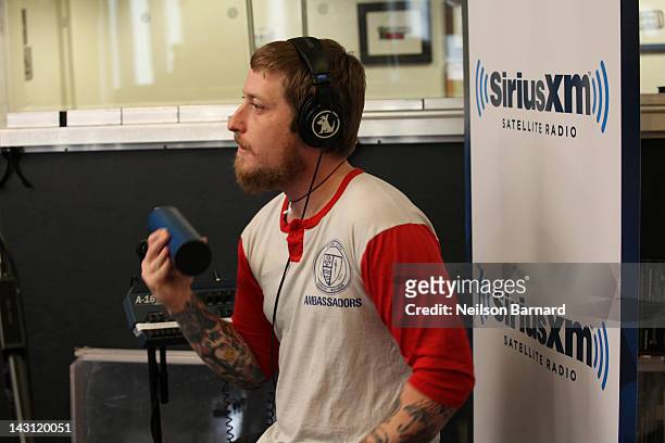 Percussionist Chris Gaylor of The All-American Rejects performs at the SiriusXM Studio on April 19, 2012 in New York City.