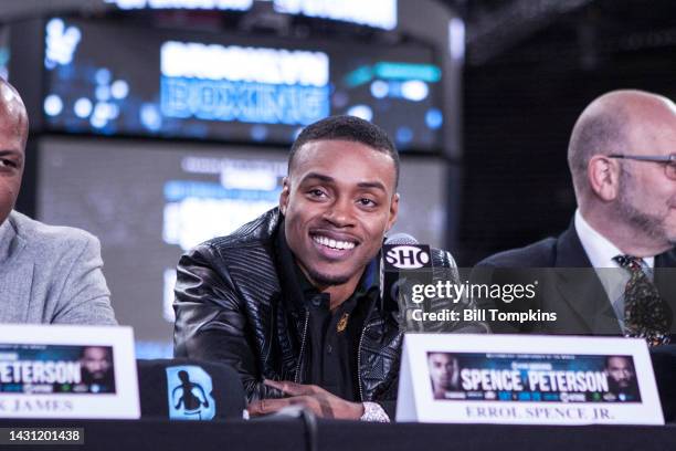 Errol Spence, Jr speaks to the press during the press conference announcing his upcoming Championship Welterweight fight with Lamont Peterson in...