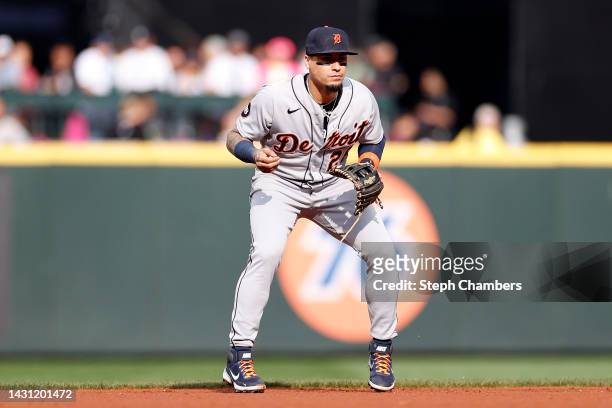 Javier Baez of the Detroit Tigers looks on during the first inning against the Seattle Mariners at T-Mobile Park on October 04, 2022 in Seattle,...