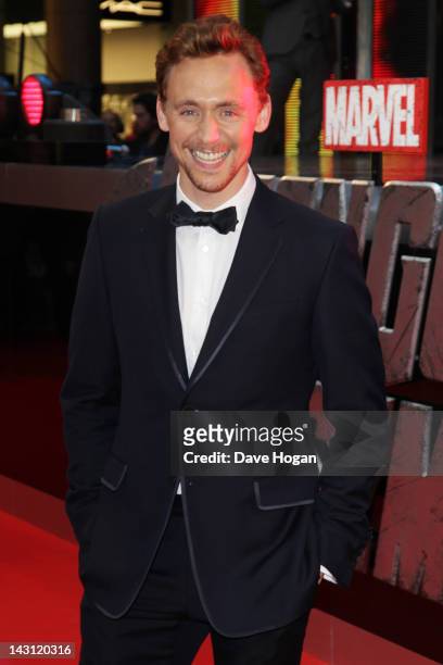 Tom Hiddleston attends the European premiere of Marvel's 'Avengers Ensemble' at The Vue Westfield on April 19, 2012 in London, England.