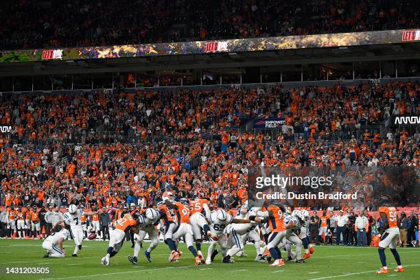 Chase McLaughlin of the Indianapolis Colts kicks a field goal during a game against the Denver Broncos at Empower Field At Mile High on October 06,...