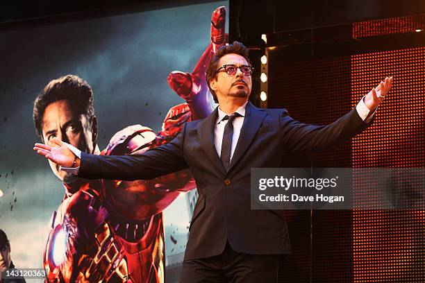 Robert Downey Jr attends the European premiere of Marvel's 'Avengers Ensemble' at The Vue Westfield on April 19, 2012 in London, England.