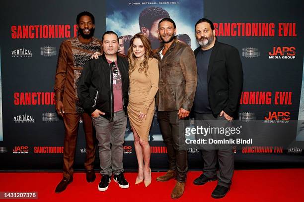 Tobias Truvillion, Rob Simmons, Taryn Manning, Zach McGowan and Ante Novakovic attend the World Premiere of “Sanctioning Evil” at DGA Theater on...