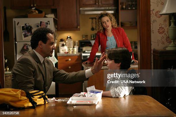 Mr. Monk and the Panic Room" Episode 2 -- Pictured: Tony Shalhoub as Adrian Monk, Kane Ritchotte as Benjy Fleming, Bitty Schram as Sharona Fleming --