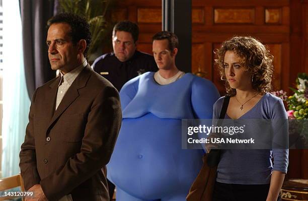Mr. Monk Meets Dale the Whale" Episode 4 -- Pictured: Tony Shalhoub as Adrian Monk, Jason Gray-Stanford as Lt. Randall Disher, Bitty Shram as Sharona...