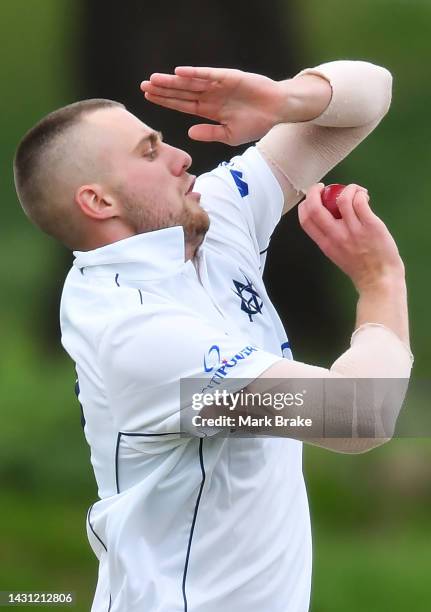 Fergus O'Neill of the Bushrangers bowls during the Sheffield Shield match between South Australia and Victoria at Karen Rolton Oval, on October 07 in...
