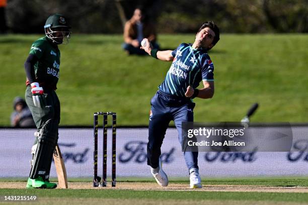 Mohammad Wasim of Pakistan bowls during game one of the T20 International series between Bangladesh and Pakistan at Hagley Oval on October 07, 2022...