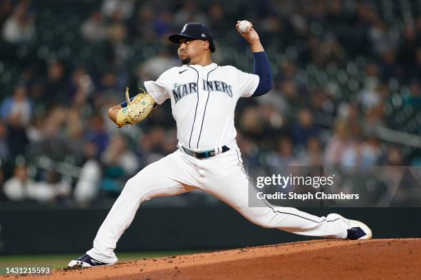 Justus Sheffield of the Seattle Mariners pitches during the first inning against the Detroit Tigers at T-Mobile Park on October 04, 2022 in Seattle,...