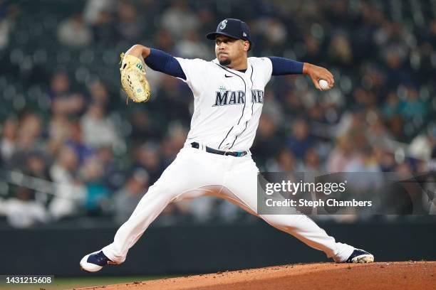 Justus Sheffield of the Seattle Mariners pitches during the first inning against the Detroit Tigers at T-Mobile Park on October 04, 2022 in Seattle,...