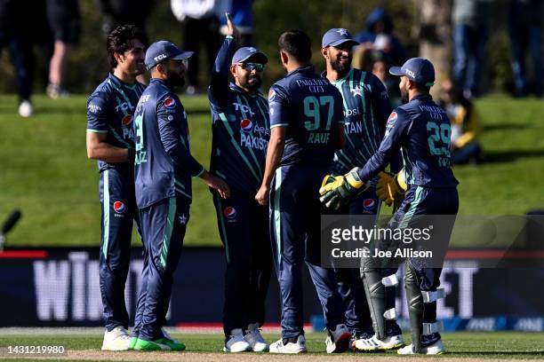 Pakistan celebrate the wicket of Sabbir Rahman during game one of the T20 International series between Bangladesh and Pakistan at Hagley Oval on...