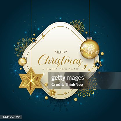 Weihnachten Gruß Banner oder Karte. Goldene Weihnachtskugeln auf dunkelblauem Hintergrund Weihnachten Gruß Banner oder Karte. Goldene Weihnachtskugeln auf dunkelblauem Hintergrund