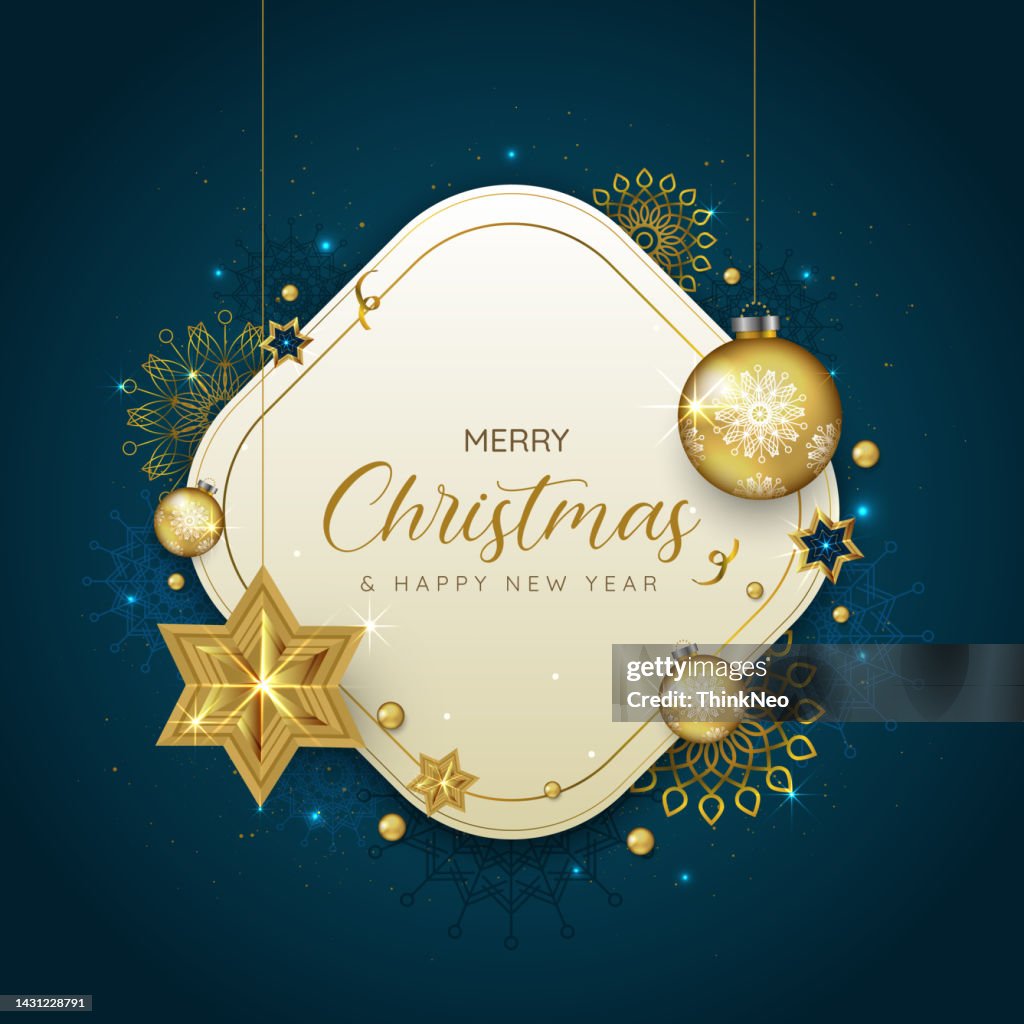 Christmas greeting banner or card. Golden Christmas balls on a dark blue background