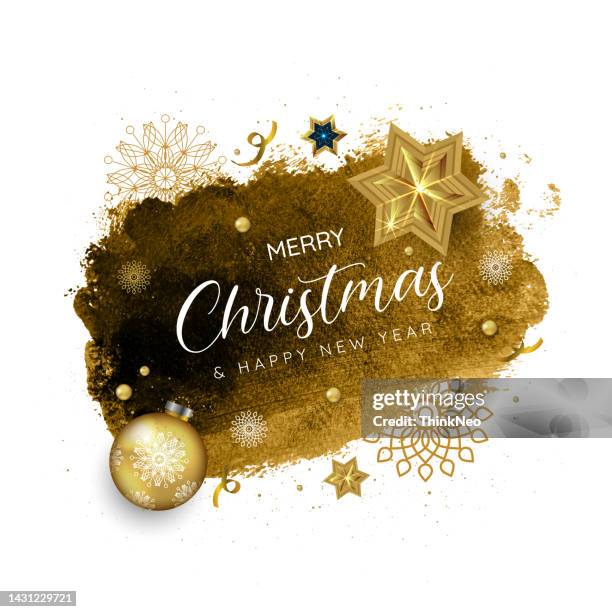 merry christmas lettering on abstract watercolor golden background - christmas picture frame stock illustrations