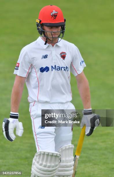 Nathan McSweeney of the Redbacks leaves the ground after getting out to Fergus O'Neill of the Bushrangers during the Sheffield Shield match between...