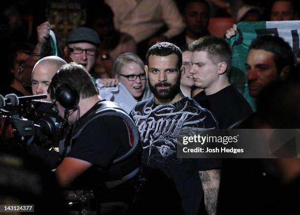 Alessio Sakara of Italy enters the arena before his bout against Brian Stann at the UFC on Fuel TV event at Ericsson Globe on April 14, 2012 in...