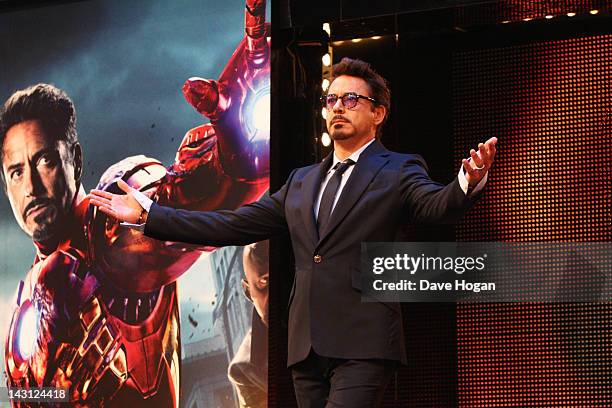 Robert Downey Jr attends the European premiere of Marvel's 'Avengers Ensemble' at The Vue Westfield on April 19, 2012 in London, England.