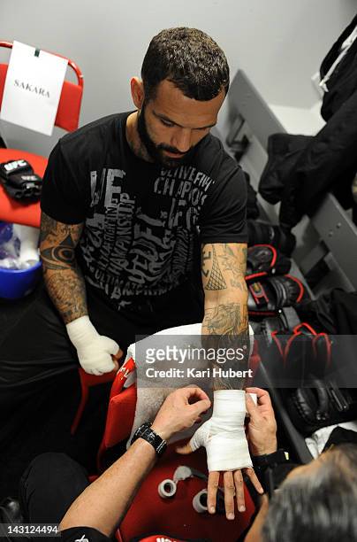 Alessio Sakara of Italy has his hands wrapped in his locker room before his bout against Brian Stann at the UFC on Fuel TV event at Ericsson Globe on...