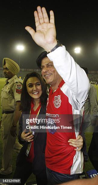 Bollywood actors Shah Ruk Khan and Preity Zinta during the IPL20 match between Kings XI Punjab and Kolkata Knight Riders at PCA cricket Stadium on...