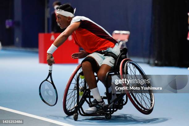 Tokio Oda of Japan plays against Shogo Takano of Japan during Wheelchair Singles Semi Final on day Five of the Rakuten Japan Open at Ariake Coliseum...