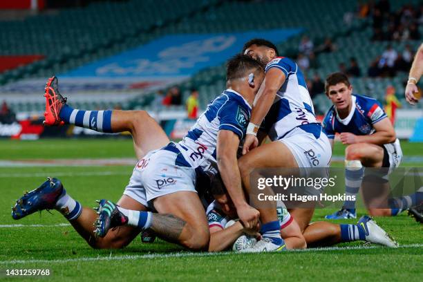 Angus Ta'avao and Tomas Aoake of Auckland collide during the Bunnings NPC Quarter Final match between North Harbour and Auckland at North Harbour...